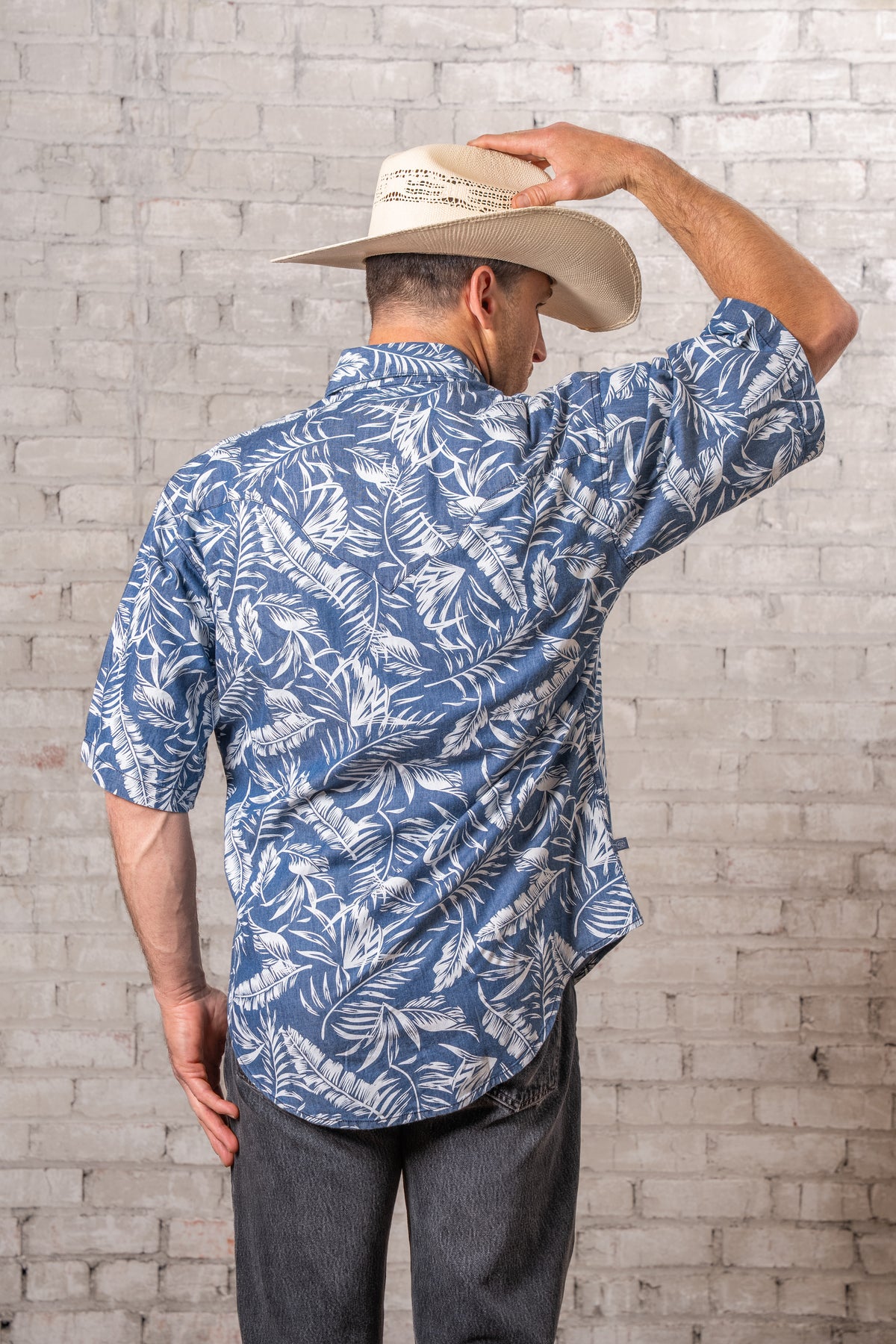 Men's Blue Chambray Floral Print Short Sleeve Western Shirt by Rockmount Ranch Wear in vintage denim with print