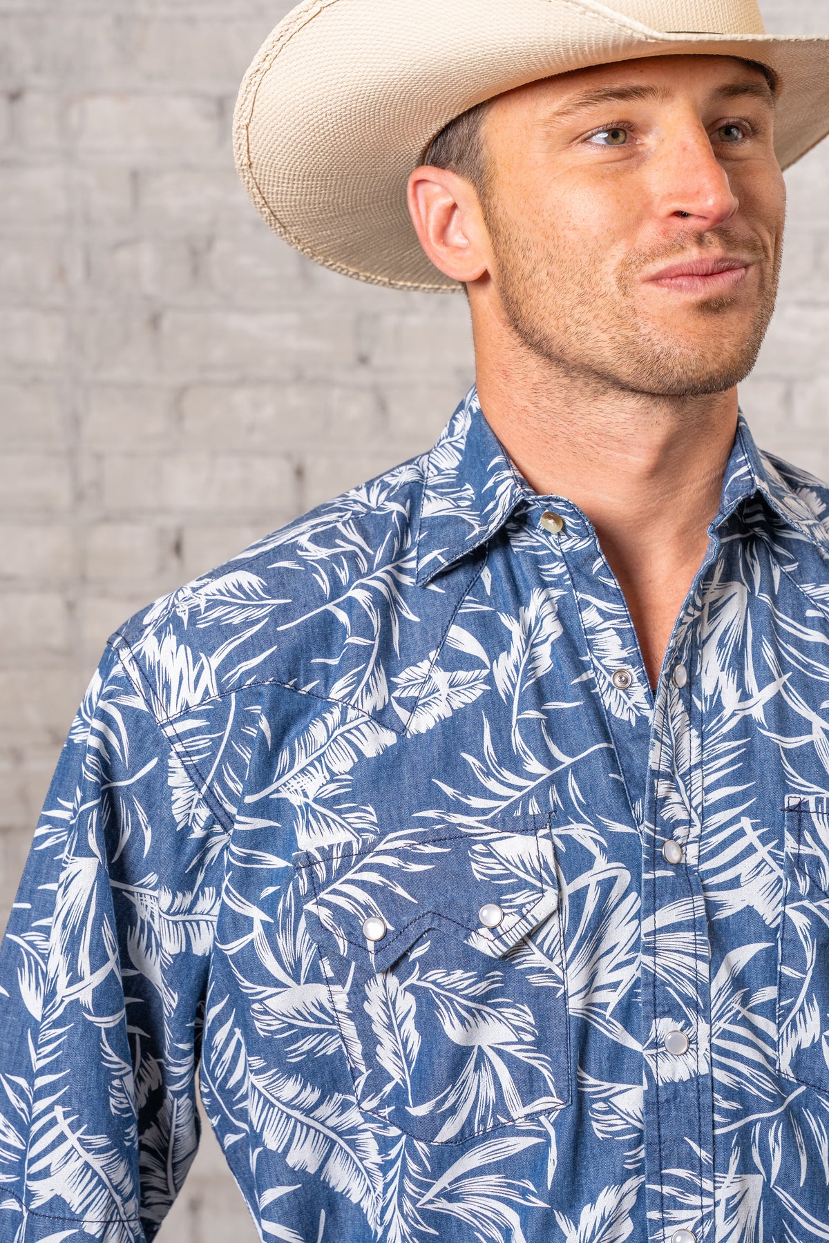 Men's Blue Chambray Floral Print Short Sleeve Western Shirt by Rockmount Ranch Wear in vintage denim with print