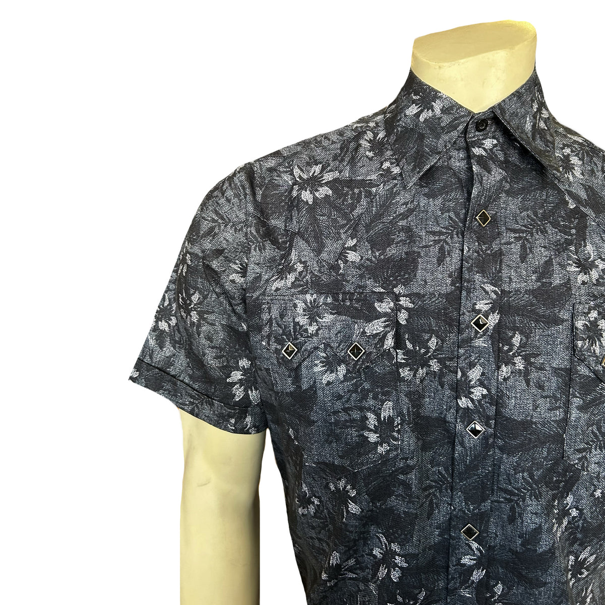 Men's Black Floral Print Short Sleeve Western Shirt by Rockmount Ranch Wear with floral print and snap button placket