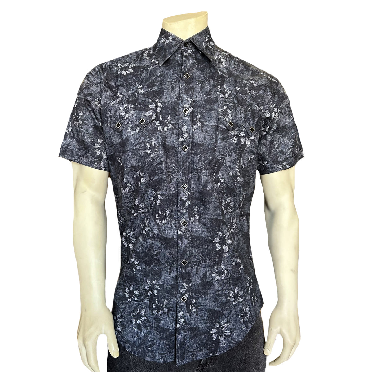 Men's Black Floral Print Short Sleeve Western Shirt Rockmount Ranch Wear vintage floral western shirt with snap button