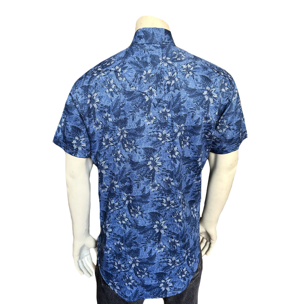 Men's Blue Floral Print Short Sleeve Western Shirt by Rockmount Ranch Wear, vintage floral print sawtooth pockets