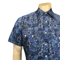 Men's Blue Floral Print Short Sleeve Western Shirt by Rockmount Ranch Wear, vintage floral denim with pearl snap