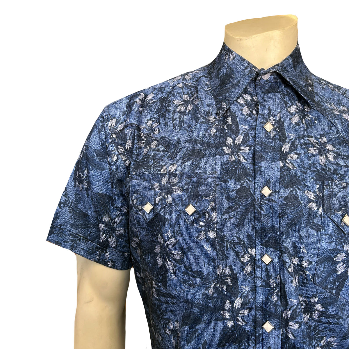 Men's Blue Floral Print Short Sleeve Western Shirt by Rockmount Ranch Wear, vintage floral denim with pearl snap