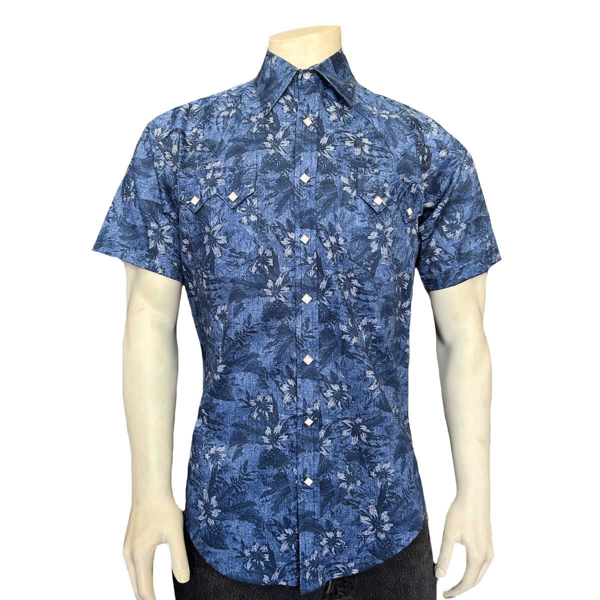 Men's Blue Floral Print Short Sleeve Western Shirt by Rockmount Ranch Wear, vintage floral denim with snap buttons