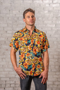 Men's Short Sleeve Hawaiian Print Western Shirt in Orange Rockmount Ranch Wear with floral print and snap buttons