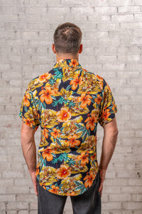 Men's Short Sleeve Hawaiian Print Western Shirt in Orange Rockmount Ranch Wear with floral print and sawtooth pockets