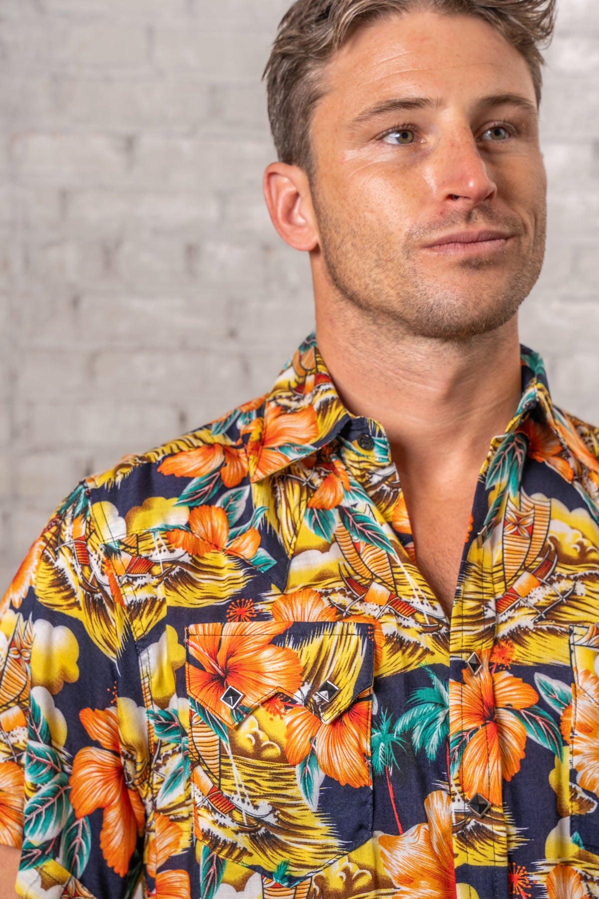 Men's Short Sleeve Hawaiian Print Western Shirt in Orange Rockmount Ranch Wear western shirt with floral print