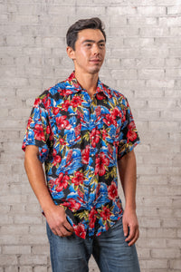 Men's Short Sleeve Hawaiian Print Western Shirt in Purple Rockmount Ranch Wear with floral vintage print