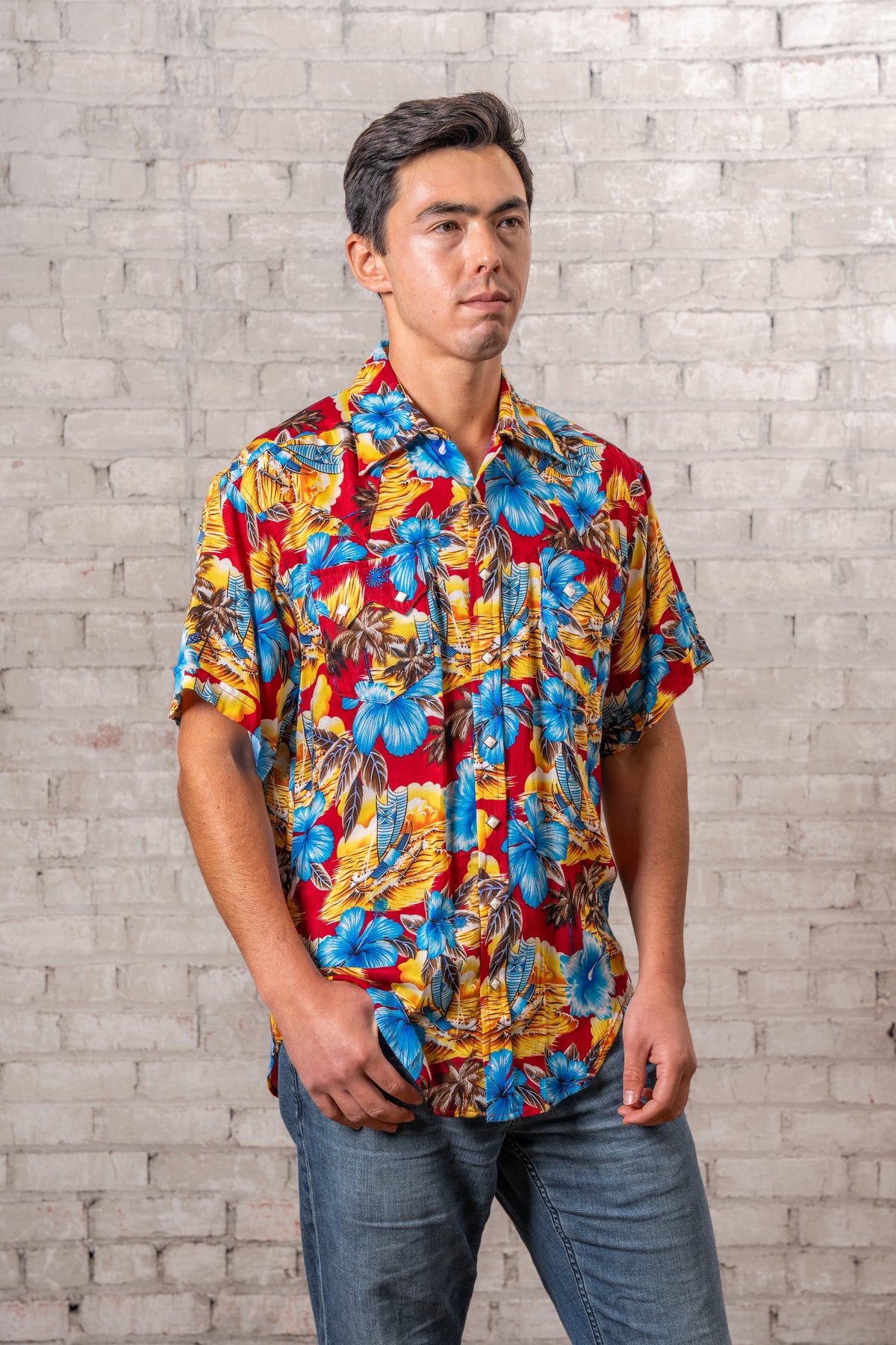 Men's Short Sleeve Hawaiian Print Western Shirt in Red by Rockmount Ranch Wear with floral print and snap buttons