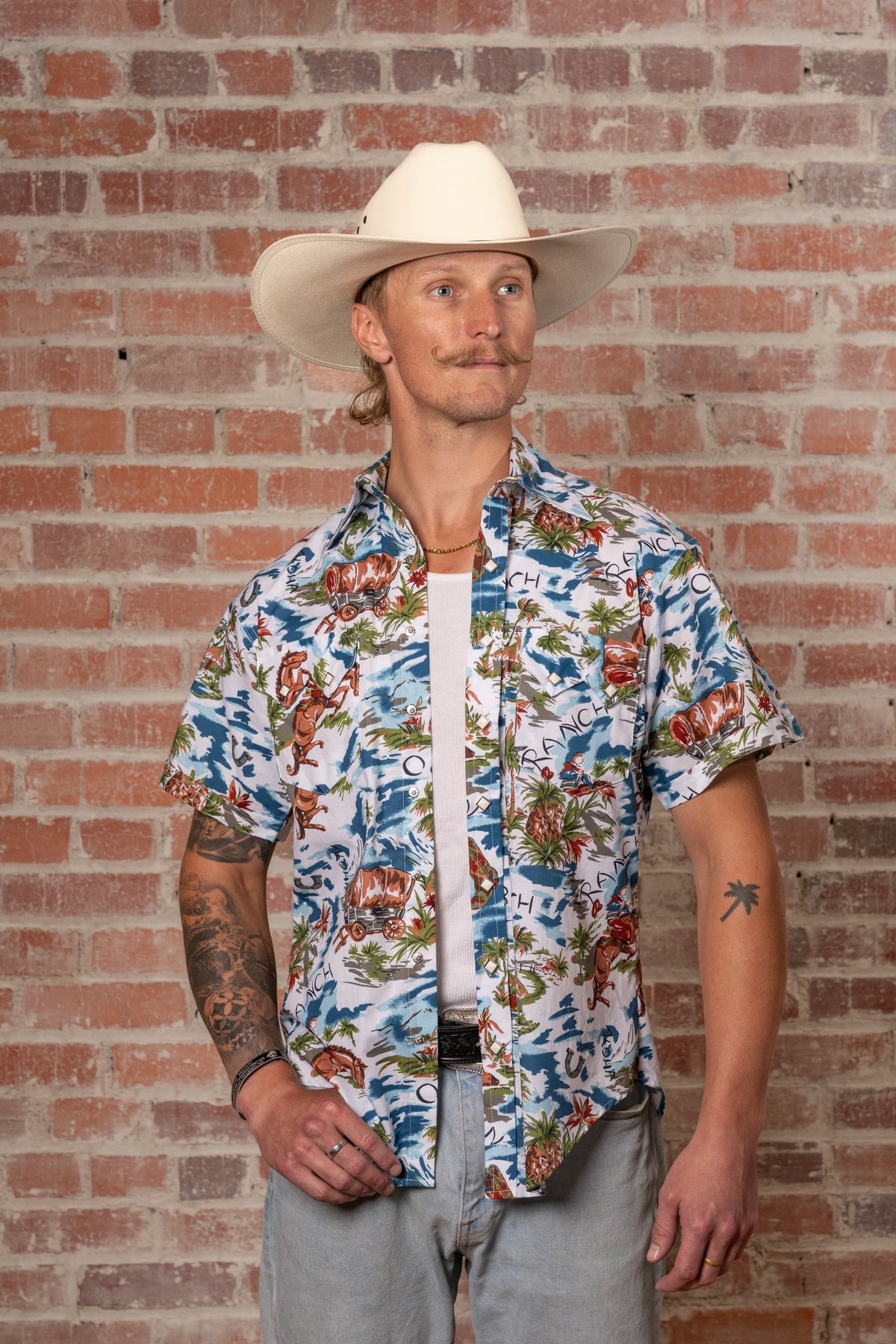 Men's Blue Western Hawaiian Print Short Sleeve Shirt by Rockmount Ranch Wear with western wear print