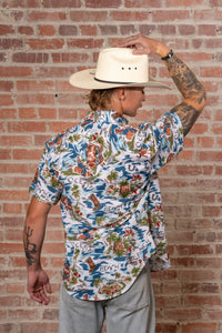 Men's Blue Western Hawaiian Print Short Sleeve Shirt by Rockmount Ranch Wear, vintage floral cactus print