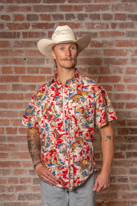 Men's Red Western Hawaiian Print Short Sleeve Shirt by Rockmount Ranch Wear with floral cowboy print
