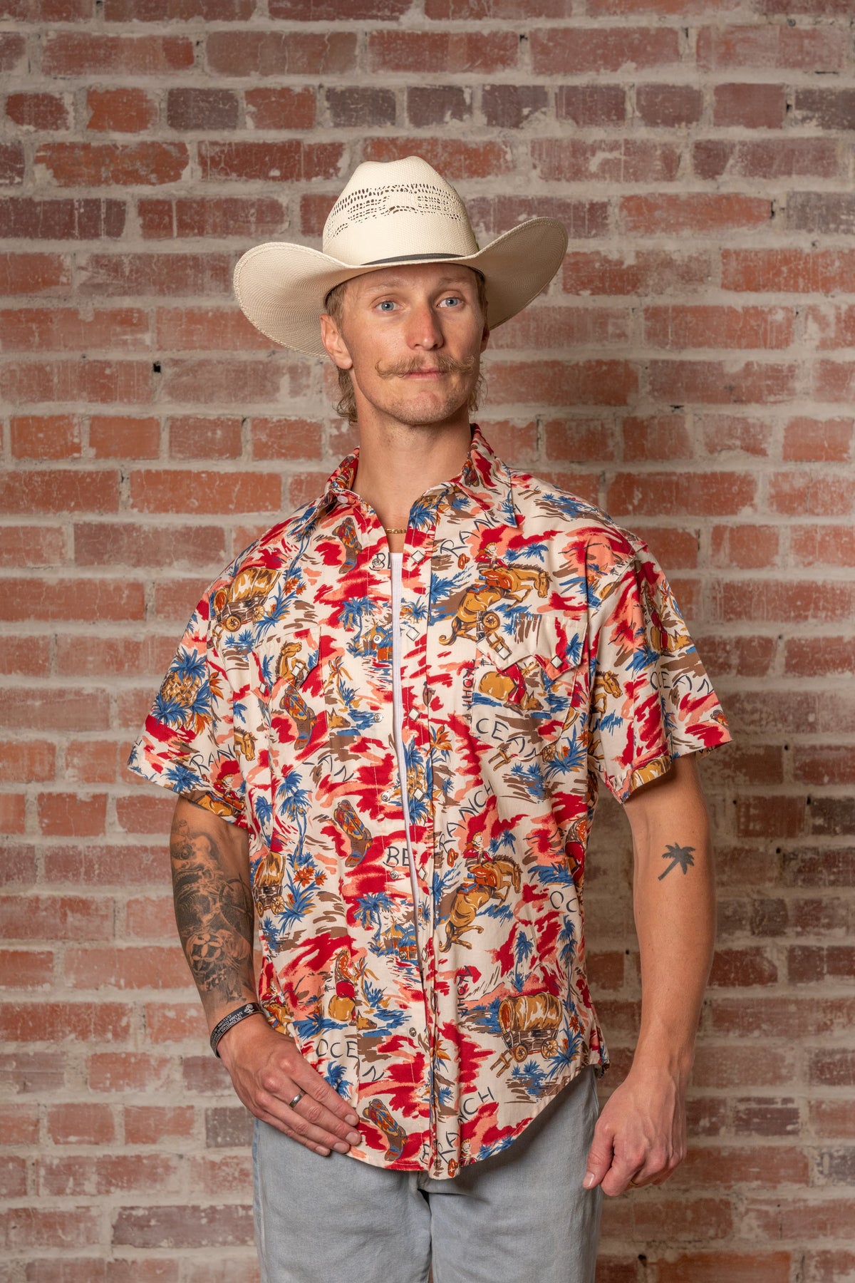 Men's Red Western Hawaiian Print Short Sleeve Shirt by Rockmount Ranch Wear with floral cowboy print