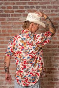 Men's Red Western Hawaiian Print Short Sleeve Shirt by Rockmount Ranch Wear, vintage floral cowboy print