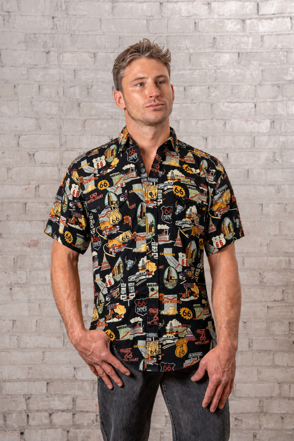 Men's Route 66 Print Short Sleeve Western Shirt in Black Rockmount Ranch Wear with vintage print and snap buttons