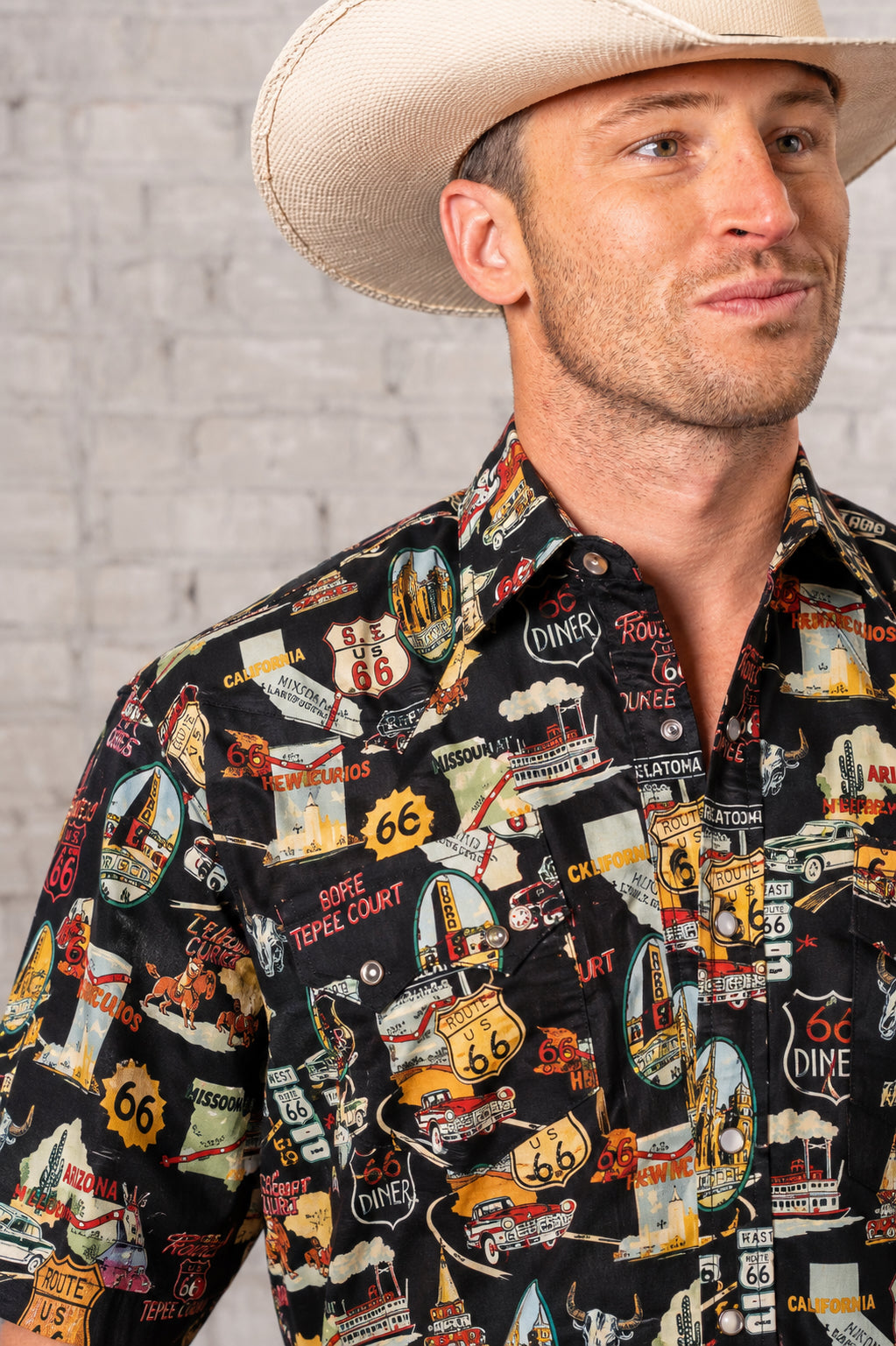 Men's Route 66 Print Short Sleeve Western Shirt in Black Rockmount Ranch Wear with print and sawtooth pockets