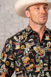 Men's Route 66 Print Short Sleeve Western Shirt in Black Rockmount Ranch Wear with print and sawtooth pockets