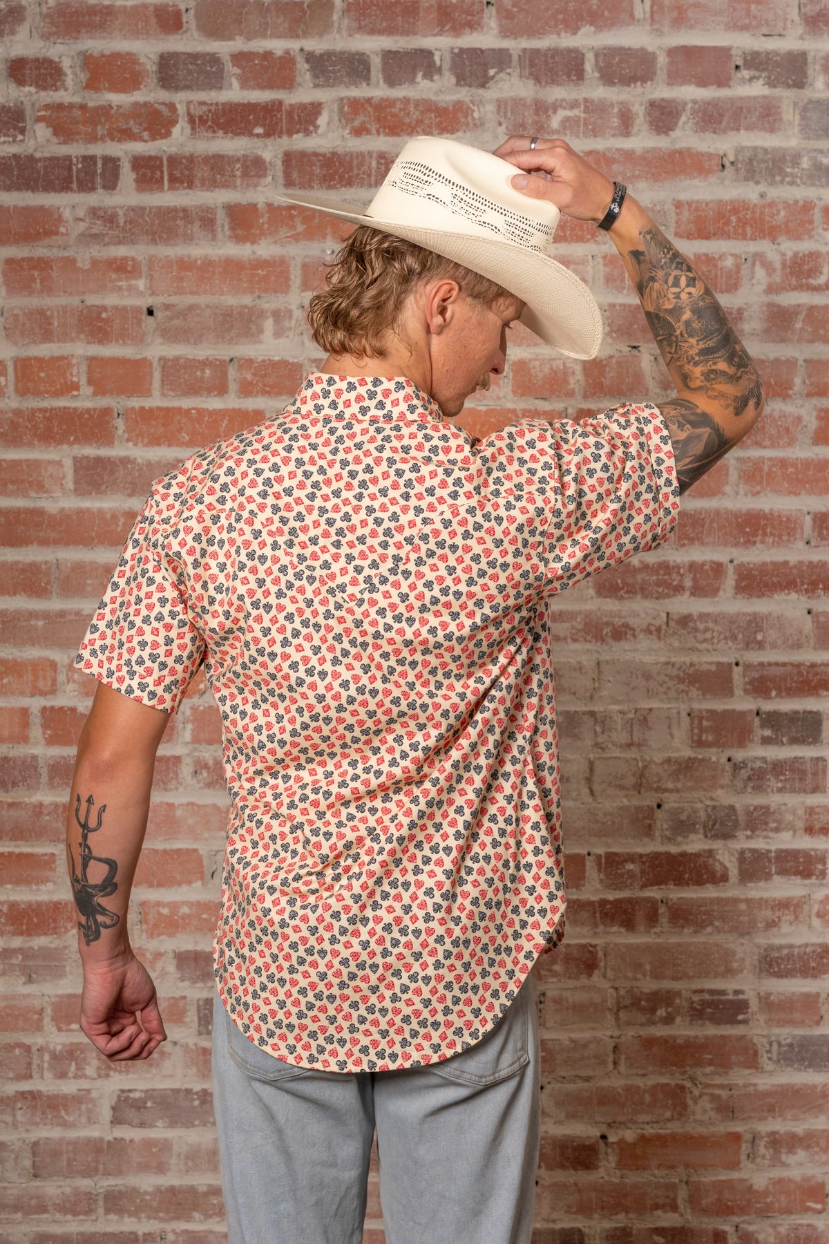 Men's Short Sleeve Cards Print Western Shirt by Rockmount Ranch Wear in vintage floral print with snaps