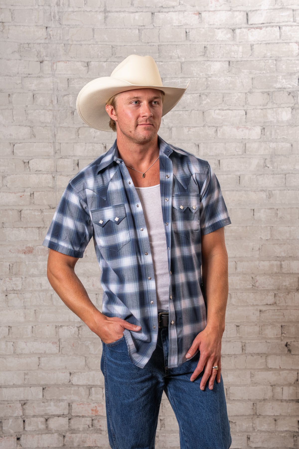 Men's Blue and White Shadow Plaid Short Sleeve Western Shirt by Rockmount Ranch Wear with sawtooth pocket