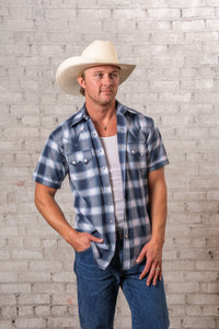Men's Blue and White Shadow Plaid Short Sleeve Western Shirt by Rockmount Ranch Wear with sawtooth pocket