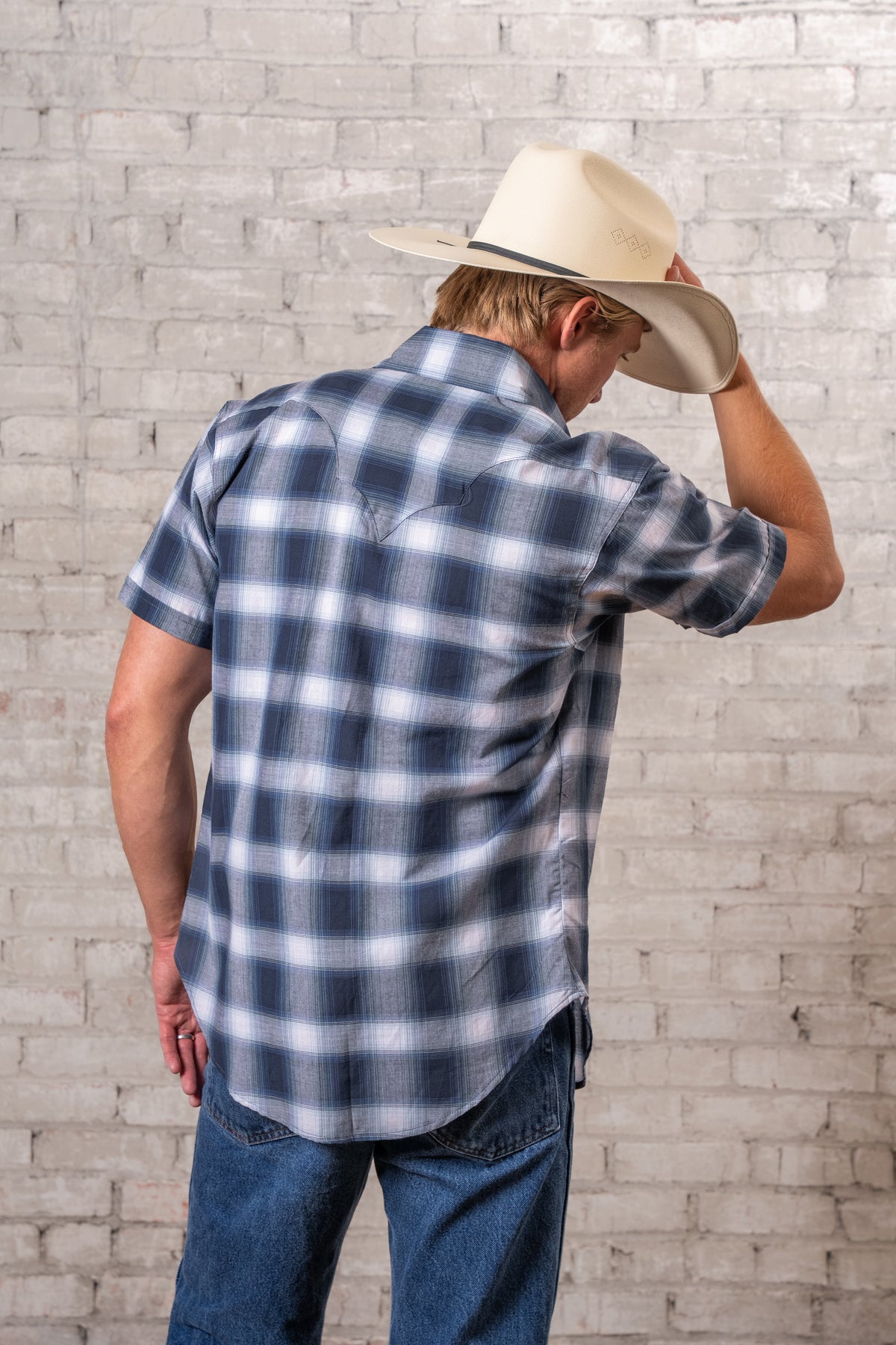 Men's Blue and White Shadow Plaid Short Sleeve Western Shirt by Rockmount Ranch Wear in denim plaid