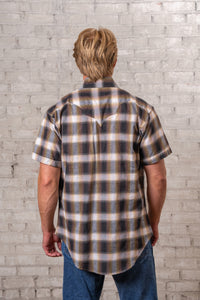 Men's Brown and White Shadow Plaid Short Sleeve Western Shirt by Rockmount Ranch Wear with sawtooth pocket