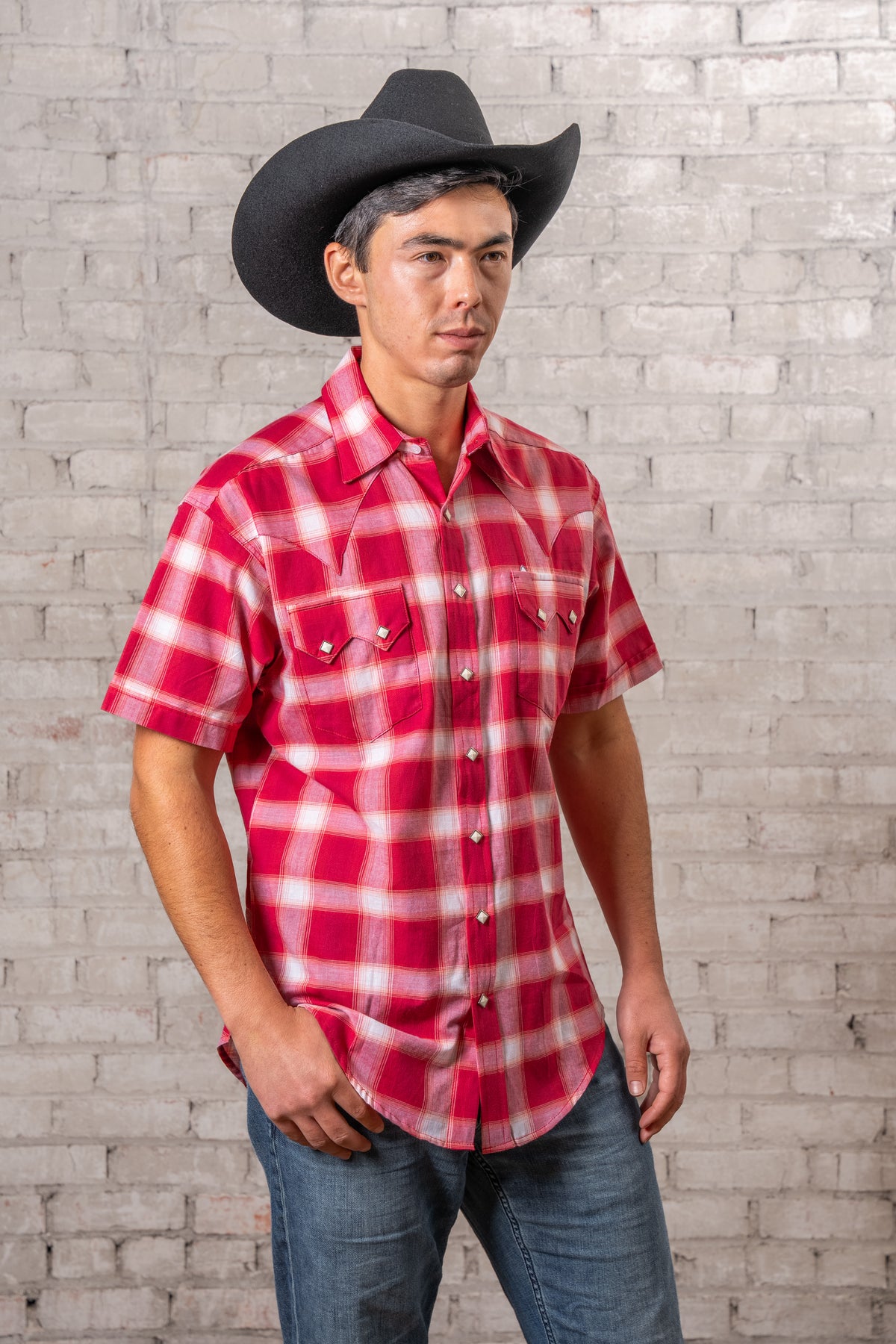 Men's Red and White Shadow Plaid Short Sleeve Western Shirt by Rockmount Ranch Wear with sawtooth pocket