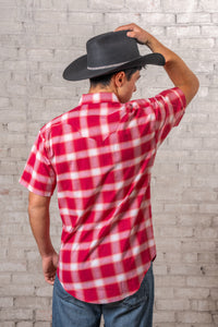 Men's Red and White Shadow Plaid Short Sleeve Western Shirt by Rockmount Ranch Wear in red plaid cotton