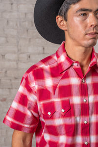 Men's Red and White Shadow Plaid Short Sleeve Western Shirt by Rockmount Ranch Wear in red plaid with diamond snap