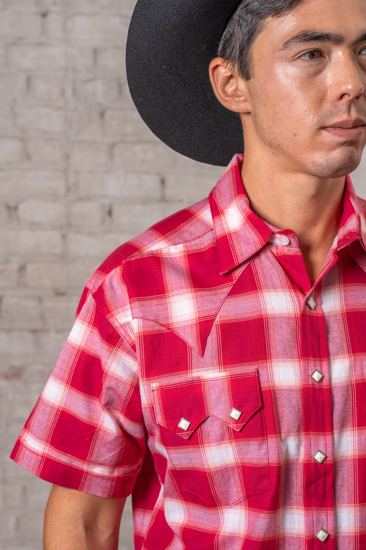 Men's Red and White Shadow Plaid Short Sleeve Western Shirt by Rockmount Ranch Wear in red plaid with diamond snap