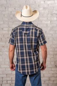 Men's Blue Short Sleeve Plaid Western Shirt by Rockmount Ranch Wear in denim plaid with sawtooth pockets and diamond snaps