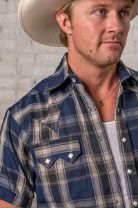 Men's Blue Short Sleeve Plaid Western Shirt by Rockmount Ranch Wear in denim plaid with sawtooth pockets and snaps