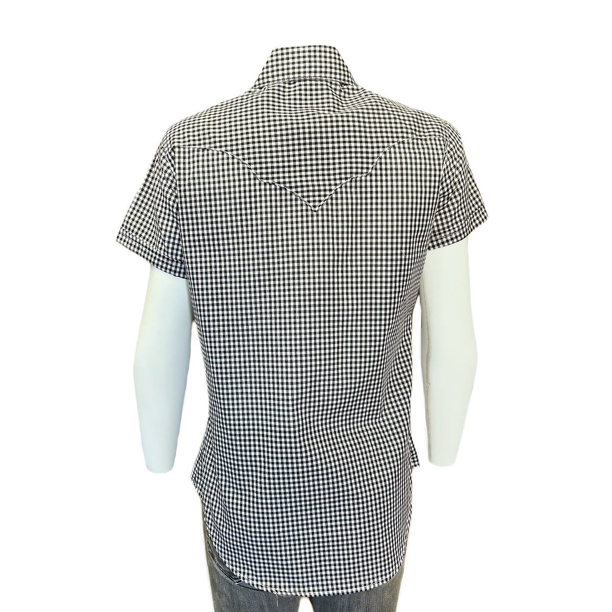 Women's Short Sleeve Black Gingham Check Western Shirt by Rockmount Ranch Wear with sawtooth pocket shirt