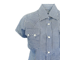 Women's Short Sleeve Navy Gingham Check Western Shirt by Rockmount Ranch Wear with sawtooth pocket shirt snaps