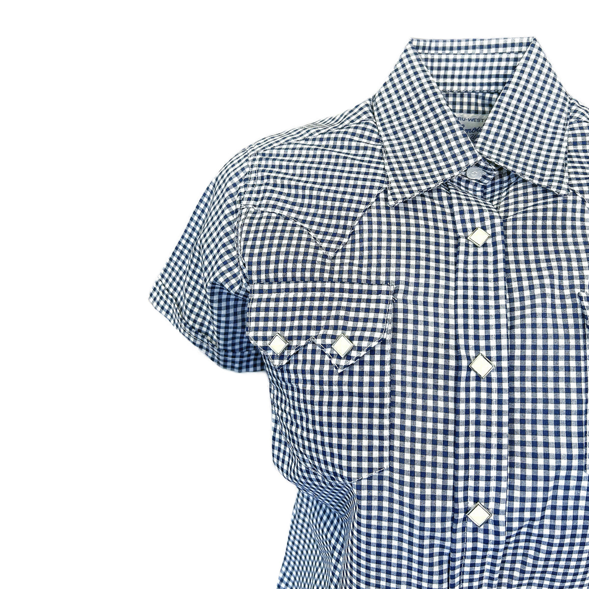 Women's Short Sleeve Navy Gingham Check Western Shirt by Rockmount Ranch Wear with sawtooth pocket shirt snaps