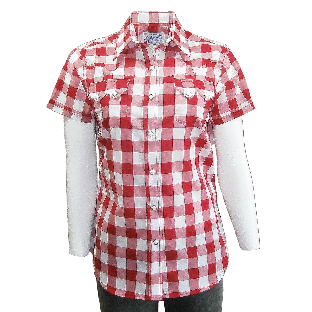 Women's Short Sleeve Red Gingham Check Western Shirt by Rockmount Ranch Wear with sawtooth pockets with diamond snaps