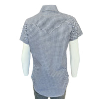 Women's Short Sleeve Navy Gingham Check Western Shirt by Rockmount Ranch Wear with sawtooth pockets with diamond snaps
