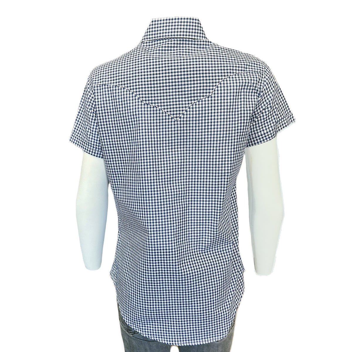 Women's Short Sleeve Navy Gingham Check Western Shirt by Rockmount Ranch Wear with sawtooth pockets with diamond snaps