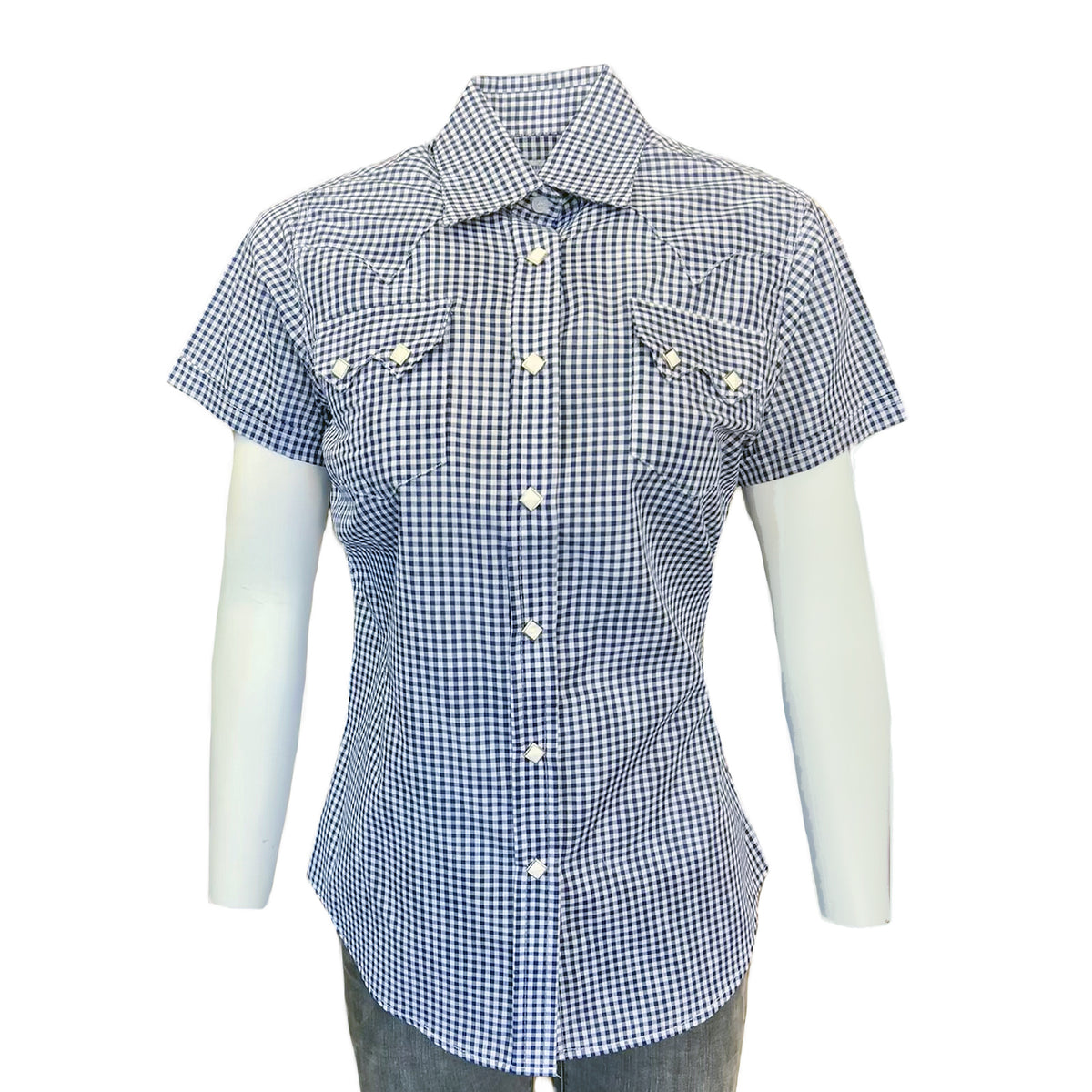 Women's Short Sleeve Navy Gingham Check Western Shirt by Rockmount Ranch Wear, sawtooth pockets with diamond snaps
