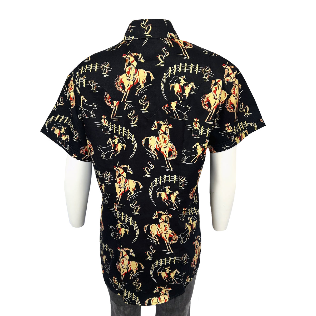 Women's Vintage Bronc Print Short Sleeve Black Western Shirt by Rockmount Ranch Wear with sawtooth pockets