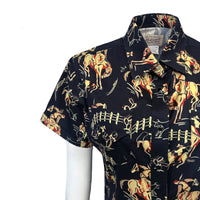 Women's Vintage Bronc Print Short Sleeve Black Western Shirt by Rockmount Ranch Wear with sawtooth pockets
