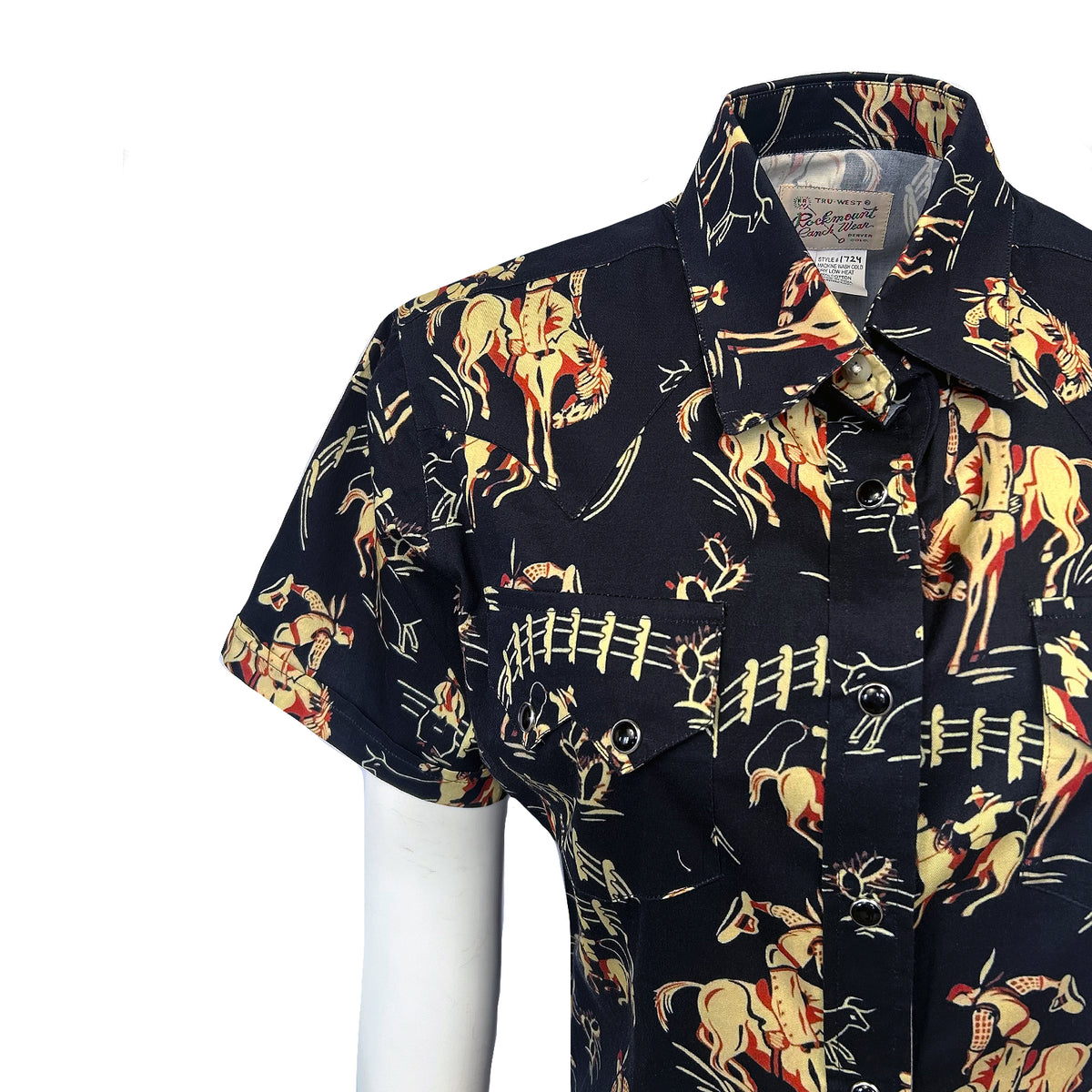 Women's Vintage Bronc Print Short Sleeve Black Western Shirt by Rockmount Ranch Wear with sawtooth pockets