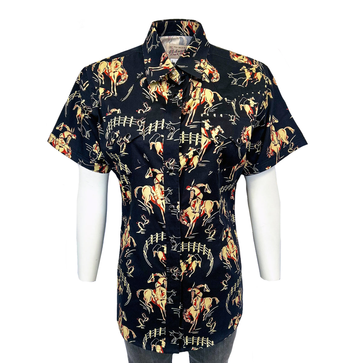 Women's Vintage Bronc Print Short Sleeve Black Western Shirt by Rockmount Ranch Wear with cowboy print