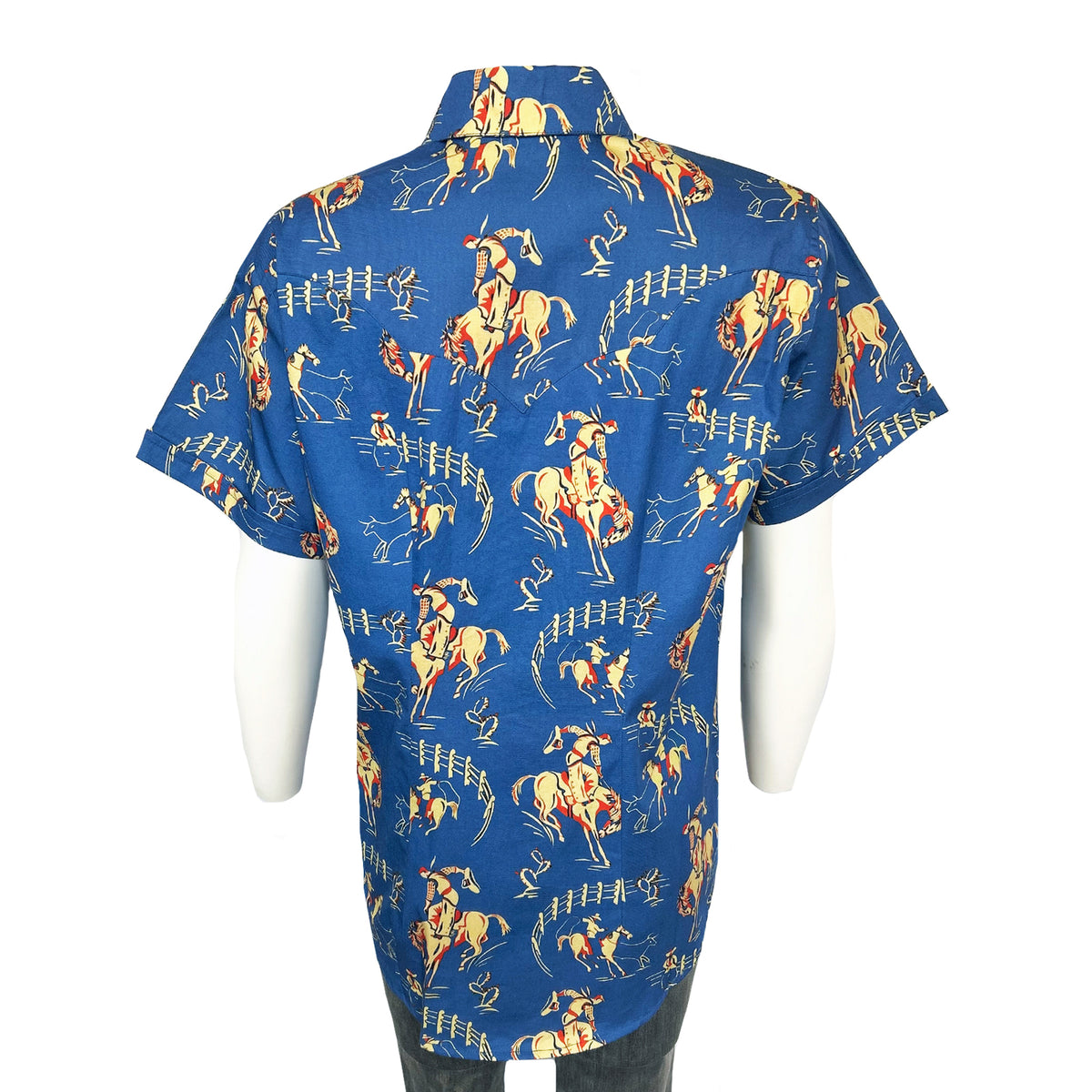 Women's Vintage Bronc Print Short Sleeve Blue Western Shirt by Rockmount Ranch Wear with cowboy print