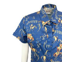 Women's Vintage Bronc Print Short Sleeve Blue Western Shirt by Rockmount Ranch Wear with cowboy print