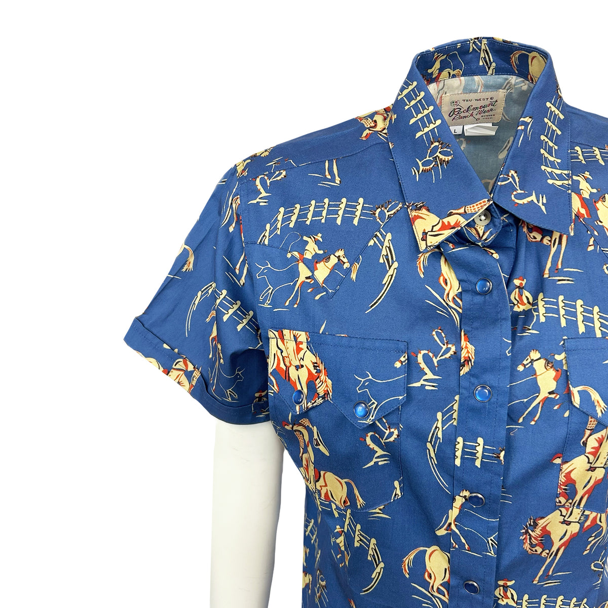 Women's Vintage Bronc Print Short Sleeve Blue Western Shirt by Rockmount Ranch Wear with cowboy print