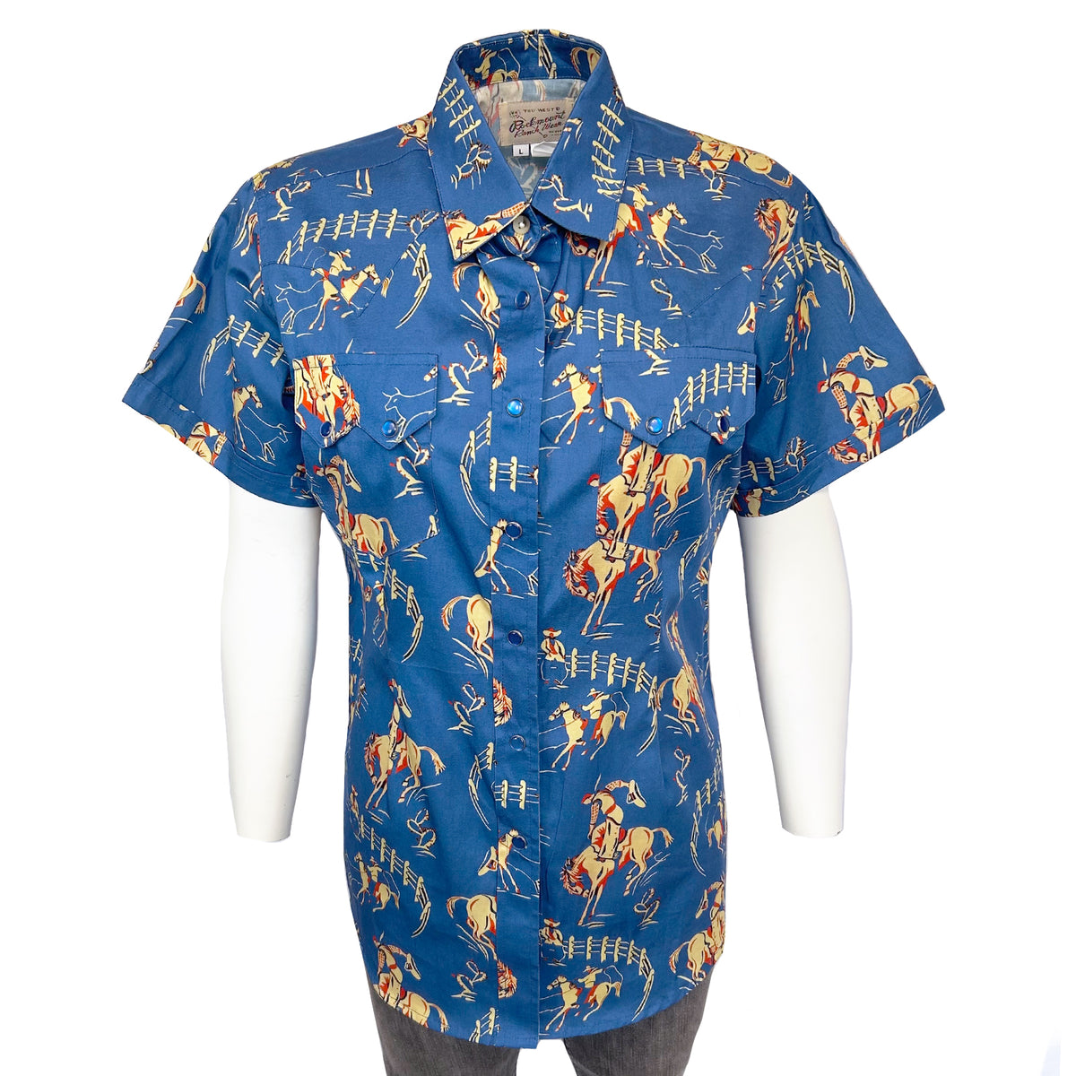 Men's Vintage Blue Bronc Print short sleeve western shirt by Rockmount Ranch Wear with cowboy print and snap buttons