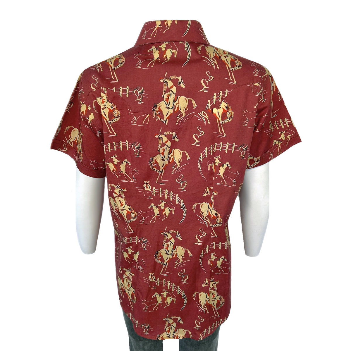 Women's Vintage Bronc Print Short Sleeve Red Western Shirt by Rockmount Ranch Wear with cowboy print
