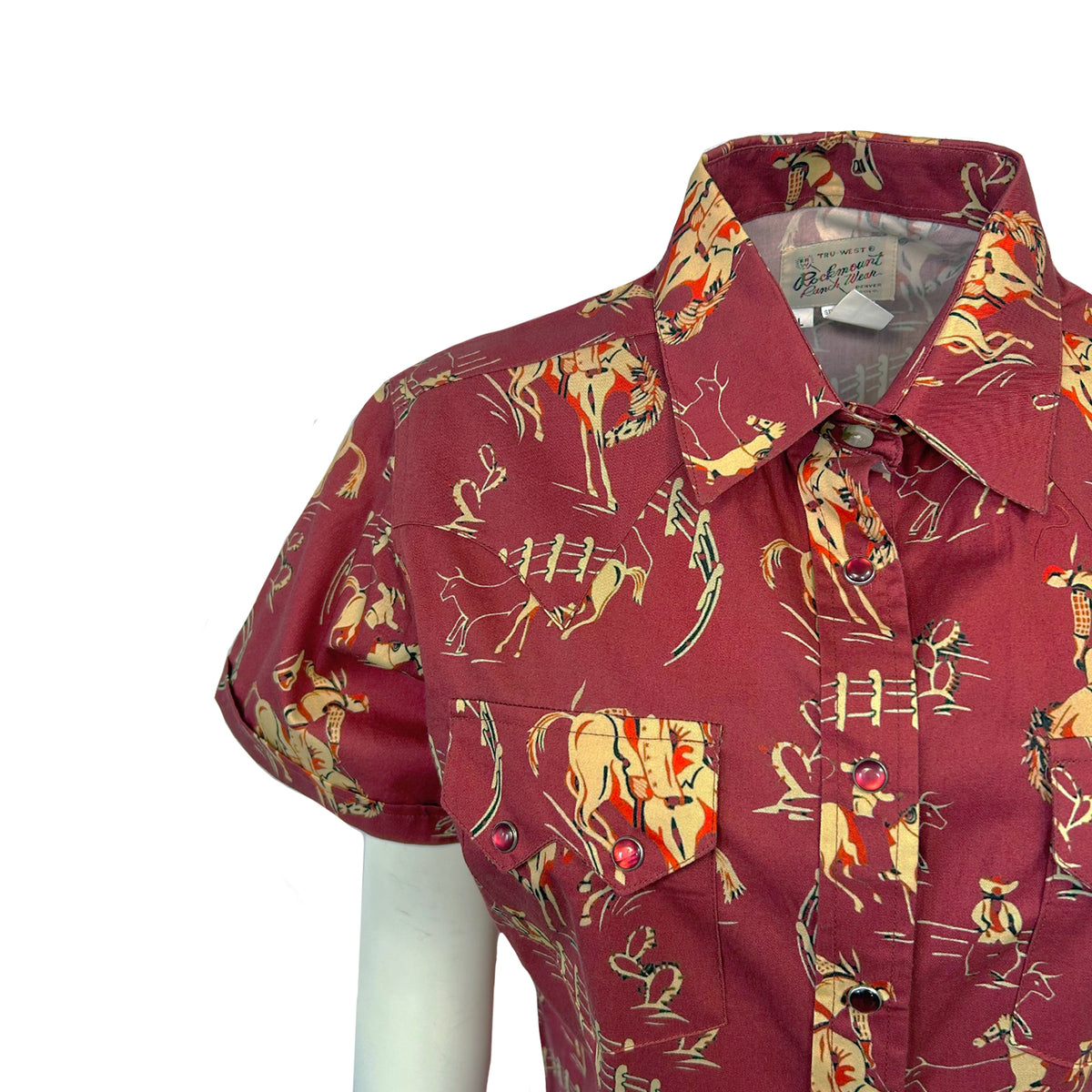 Women's Vintage Bronc Print Short Sleeve Red Western Shirt by Rockmount Ranch Wear with fringe floral print