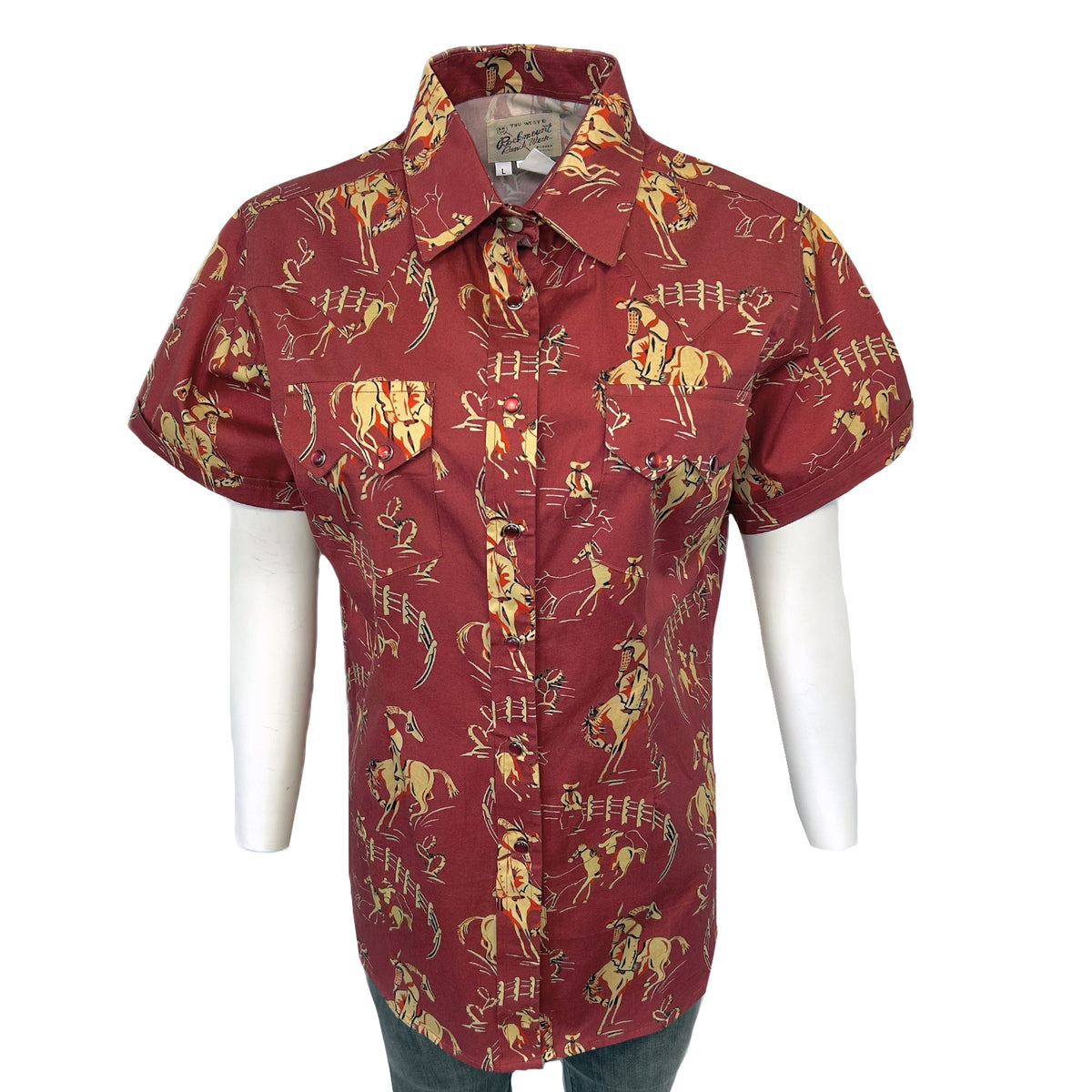 Women's Vintage Bronc Print Short Sleeve Red Western Shirt by Rockmount Ranch Wear with sawtooth pockets